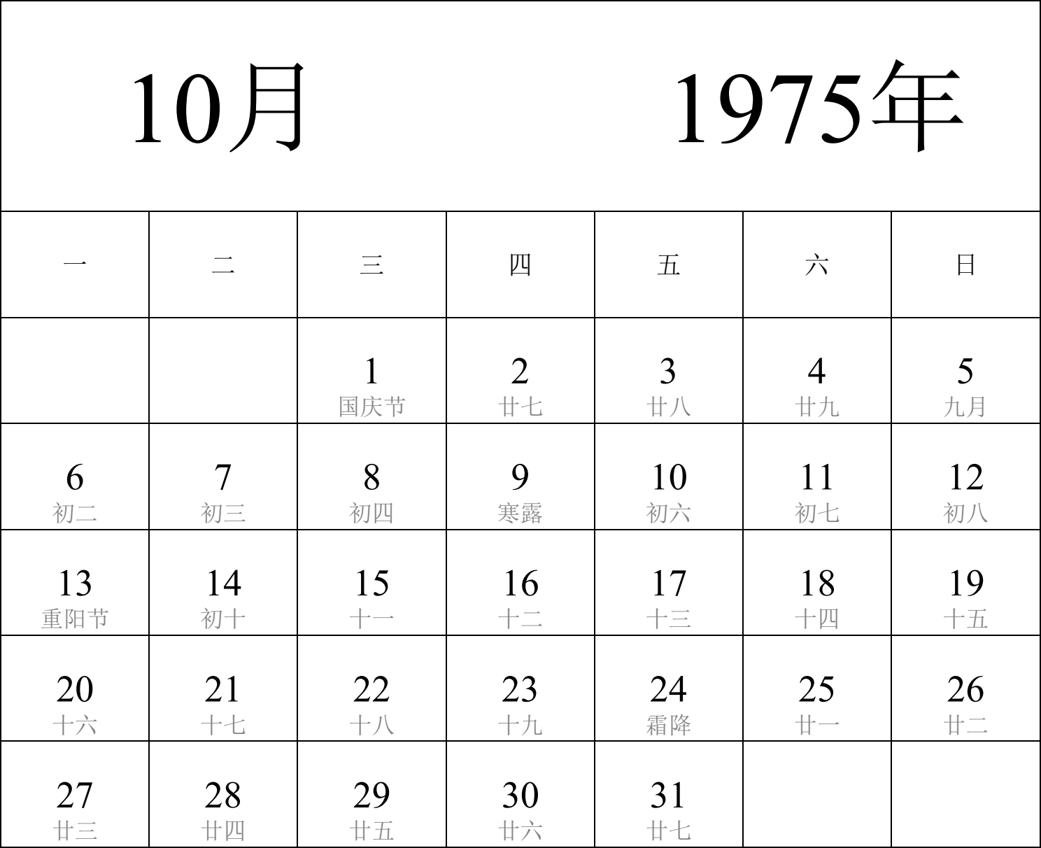 日历表1975年日历 中文版 纵向排版 周一开始 带农历